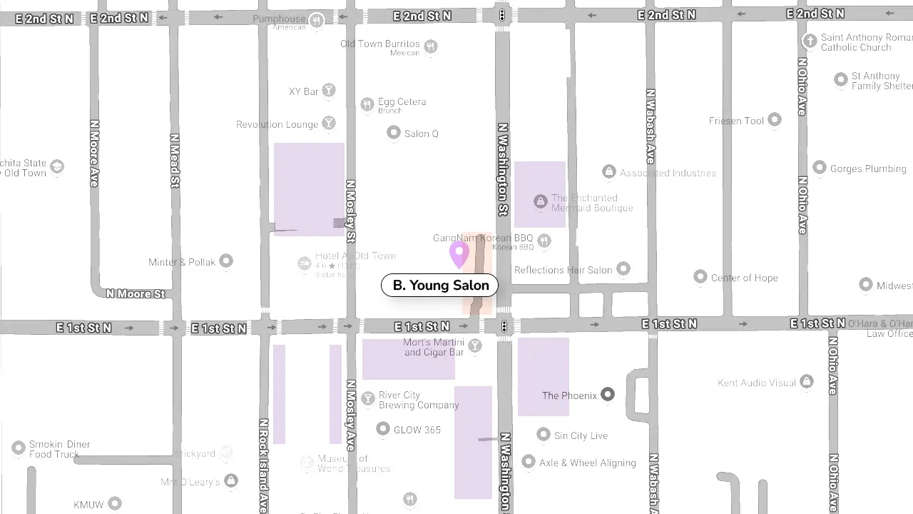 Map showing B. Young Salon location and nearby free public parking options within walking distance