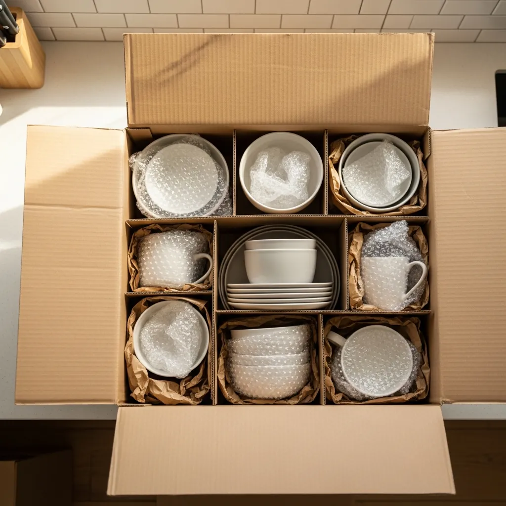 Carefully packed dishes with bubble wrap and packing paper in a moving box