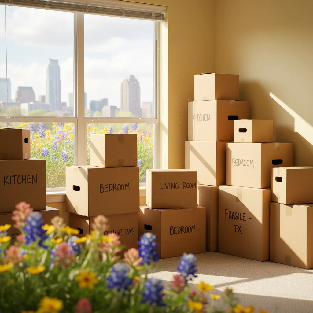 Stacked moving boxes in a sunny Austin apartment ready for spring relocation