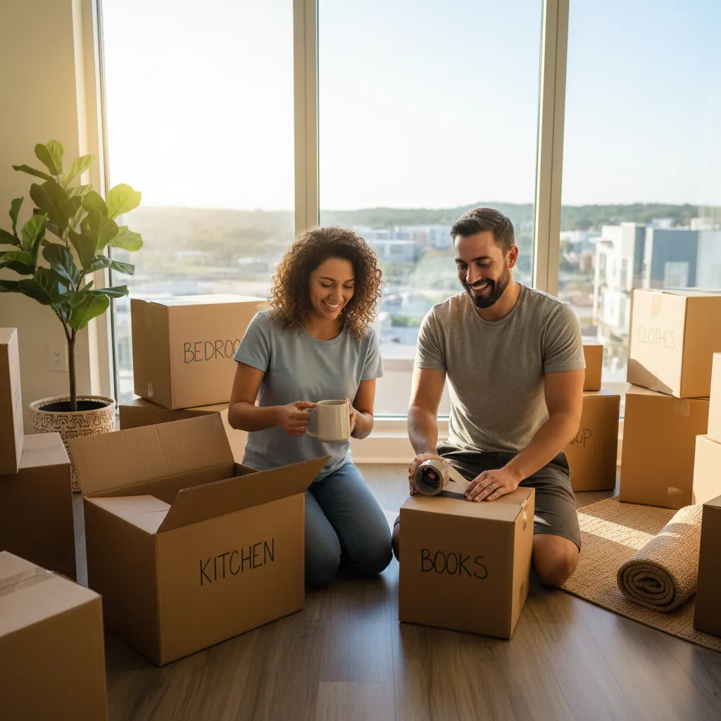 Smiling couple happily unpacking boxes in their new, affordable North Austin apartment, surrounded by moving boxes.