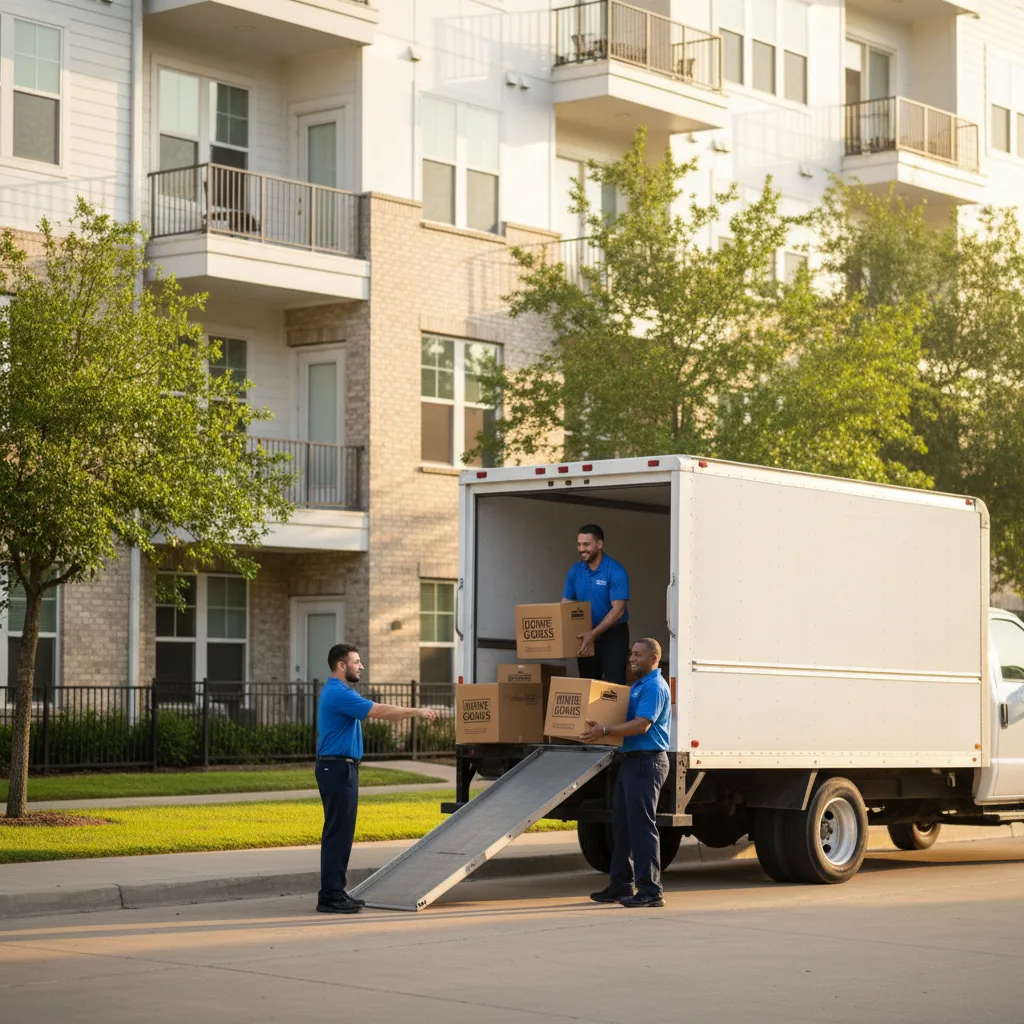 Professional movers carrying boxes into a bright modern North Austin apartment complex on a sunny Austin morning.