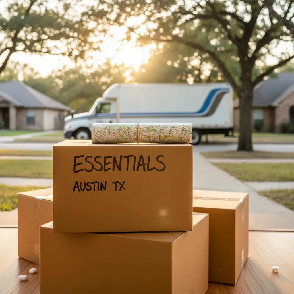 A neatly organized moving box labeled "Essentials" with a map of Austin, TX and a moving truck in the background.