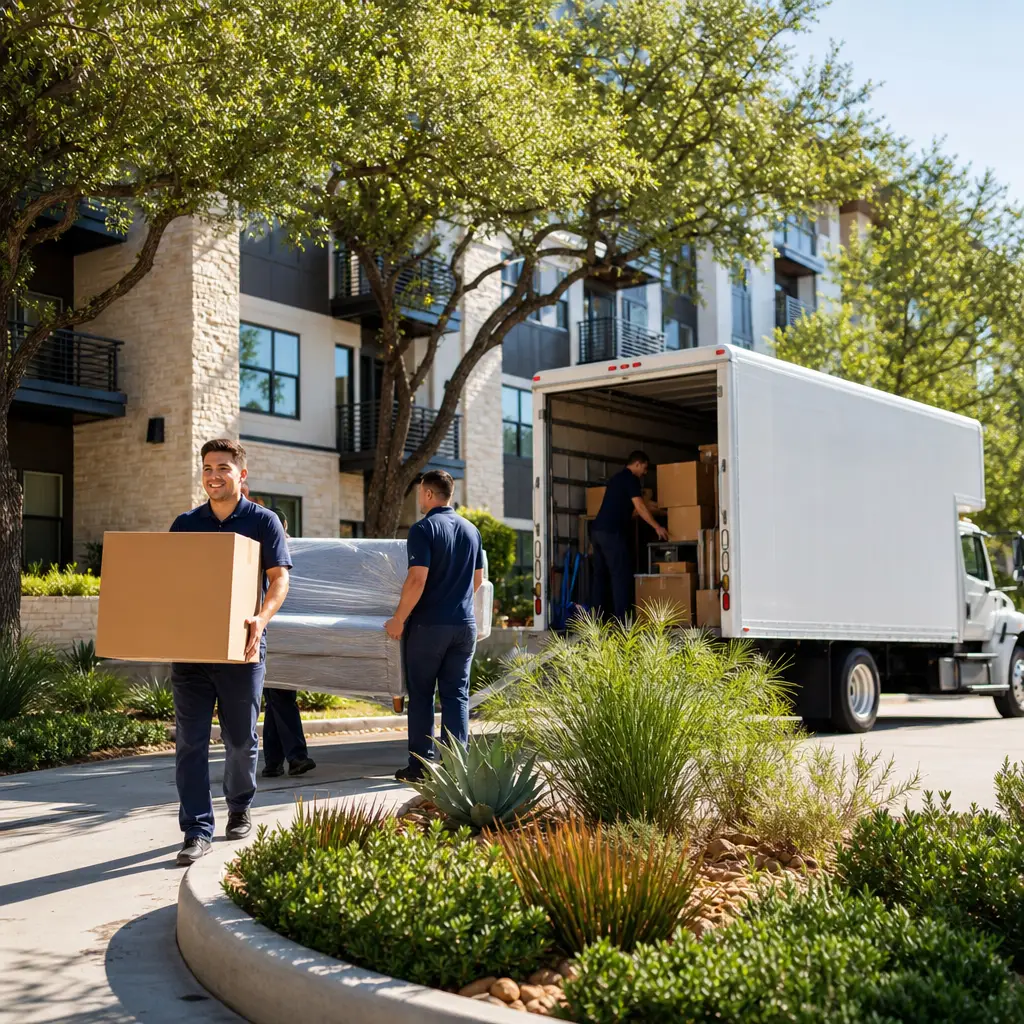 Professional movers carrying boxes outside a sunny North Austin apartment building.