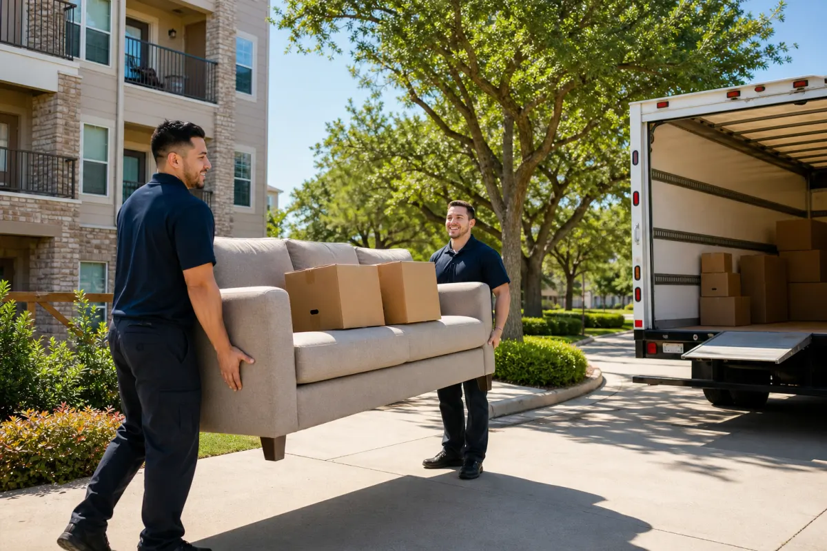 Professional apartment movers carrying a sofa outside a Cedar Park TX apartment building.