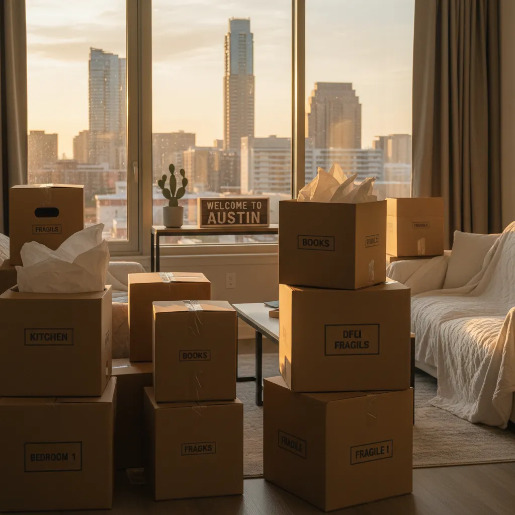 Moving boxes stacked in a brightly lit living room with a "Welcome to Austin" sign in the background.