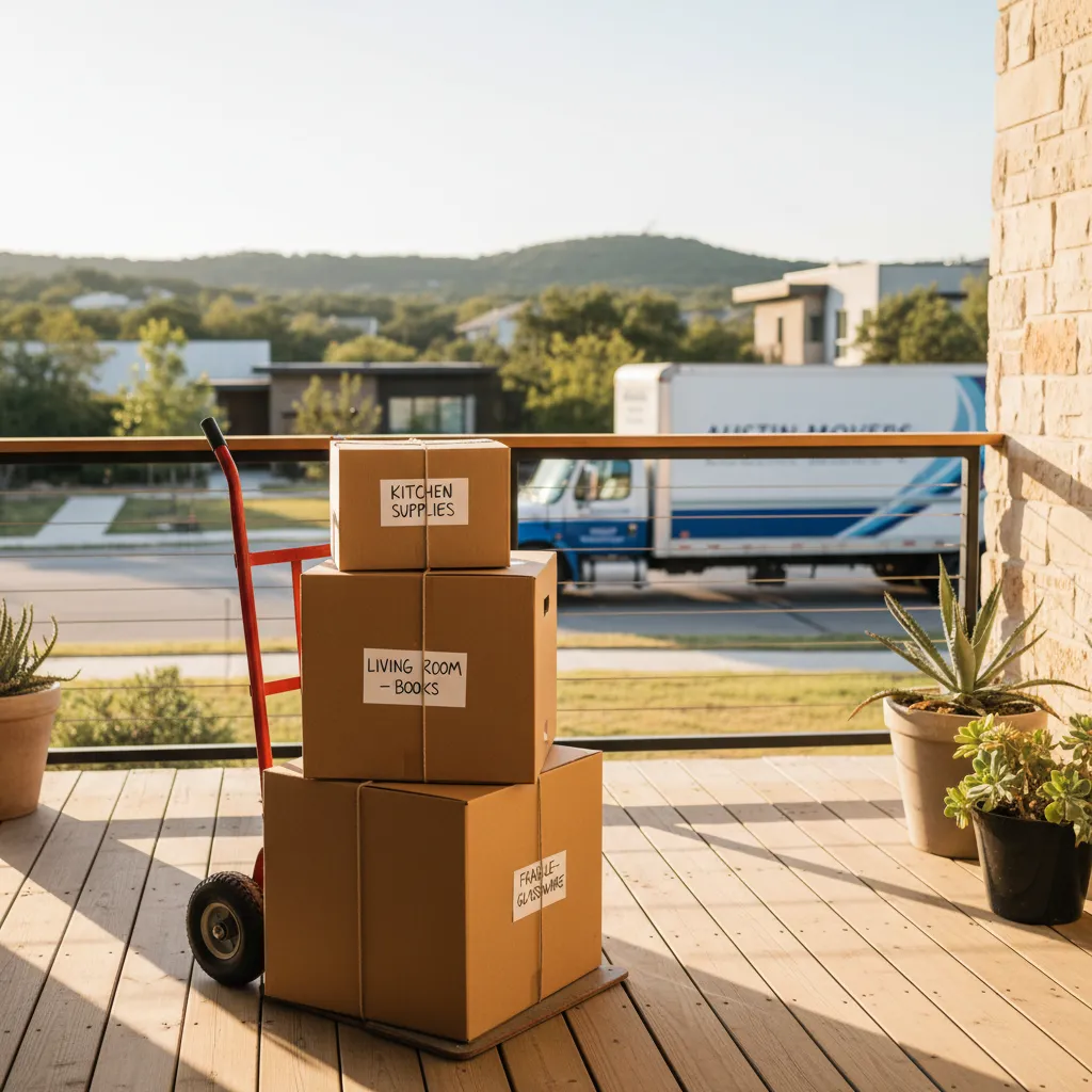Moving boxes and a dolly sit on a porch in North Austin, TX, with a truck in the background.
