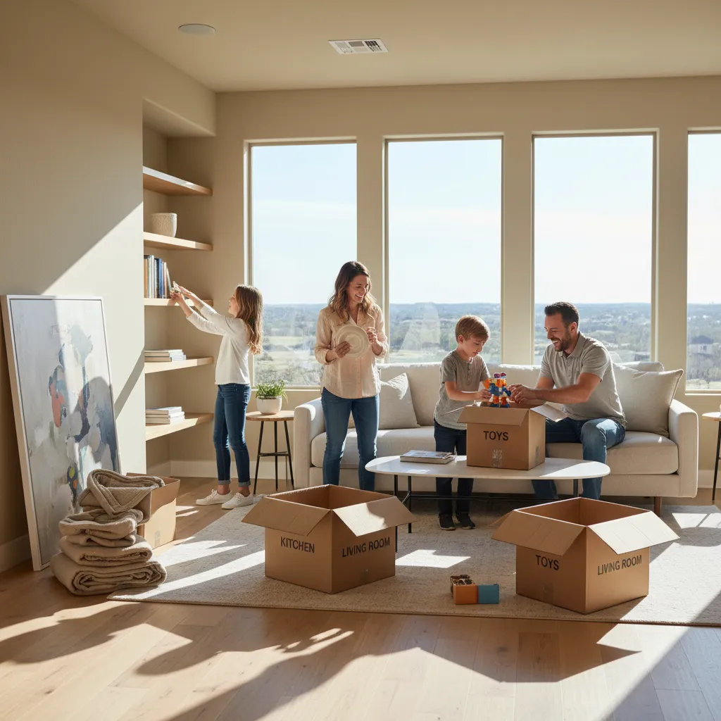 A family smiles, unpacking boxes in their bright, modern living room in a new Round Rock home.