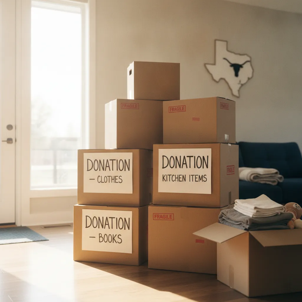 Moving boxes labeled for donation in a North Austin home, ready for pickup or drop-off.