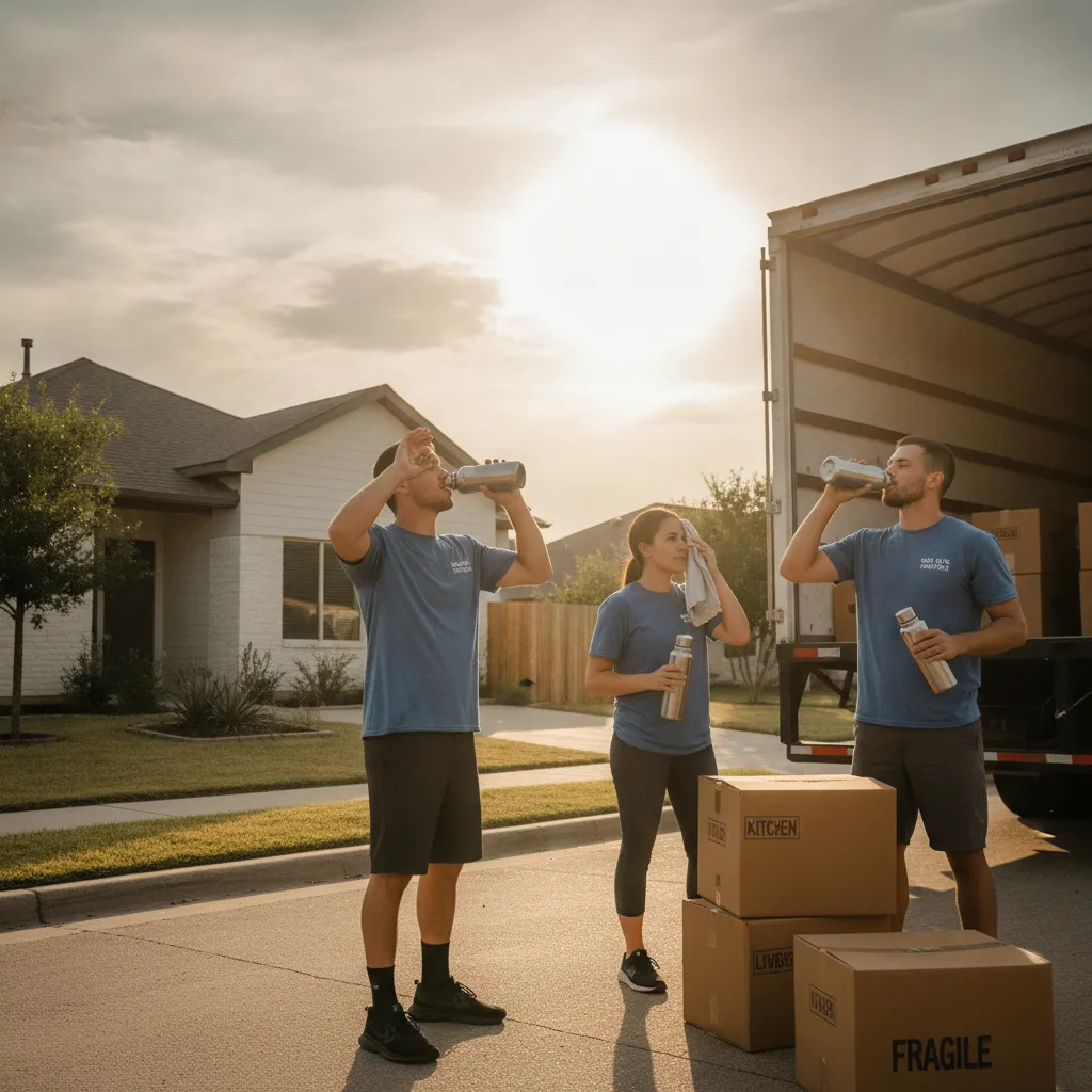 Young Buck Movers crew hydrating while moving boxes on a hot Austin summer day.