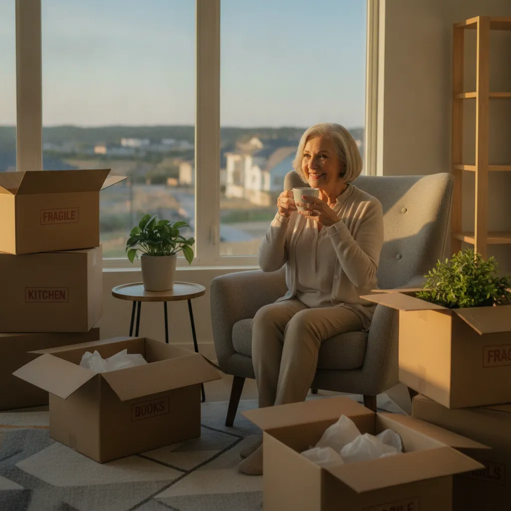 A smiling senior woman sips tea in her new, partially unpacked Austin home, surrounded by moving boxes.