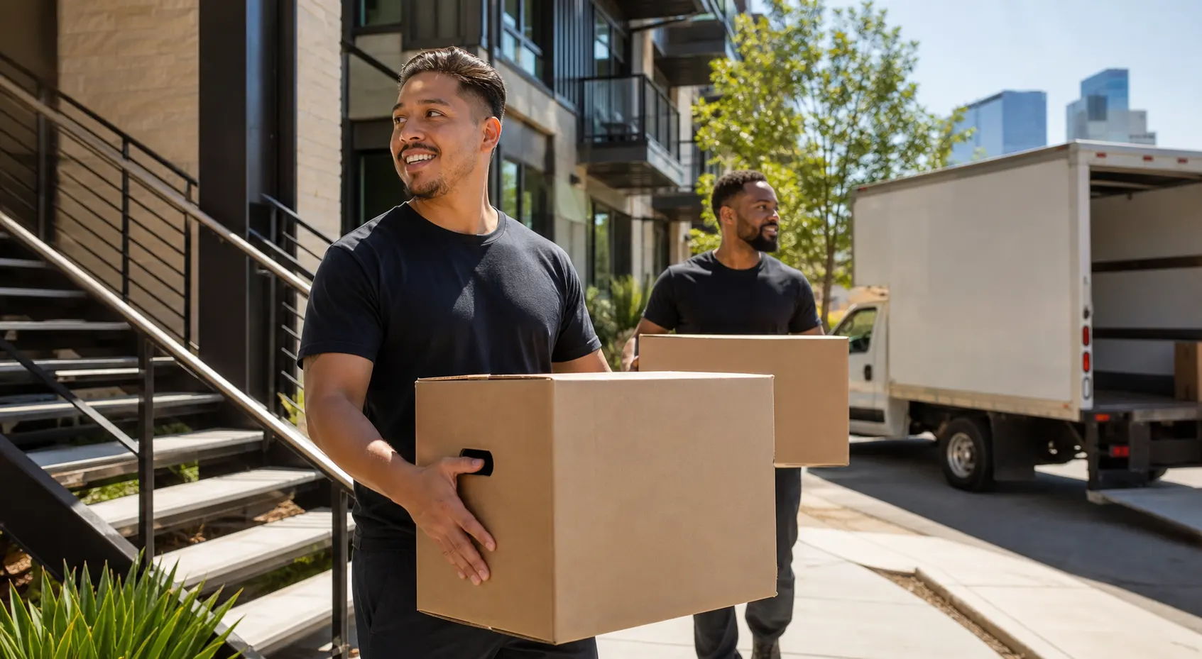 Bright Austin apartment move with movers carrying boxes near stairs and truck