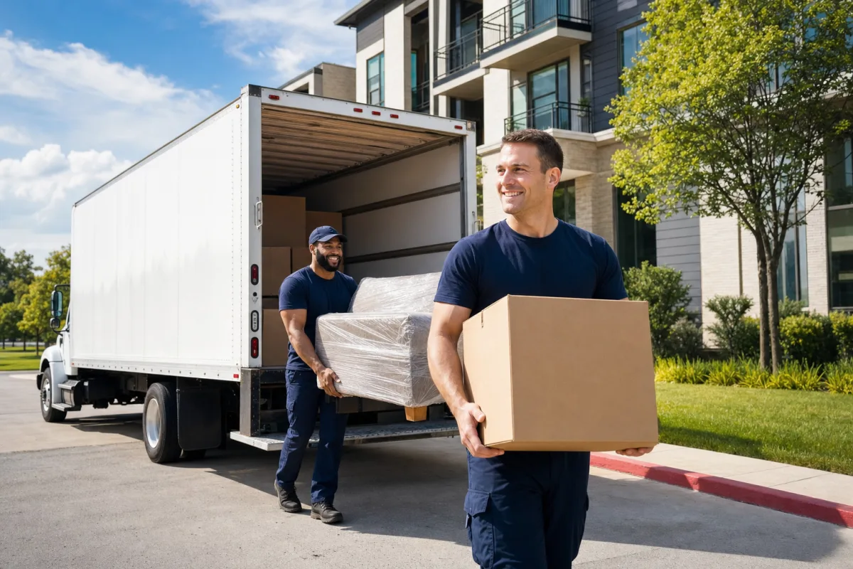 Cedar Park apartment movers loading boxes into a moving truck on a sunny day