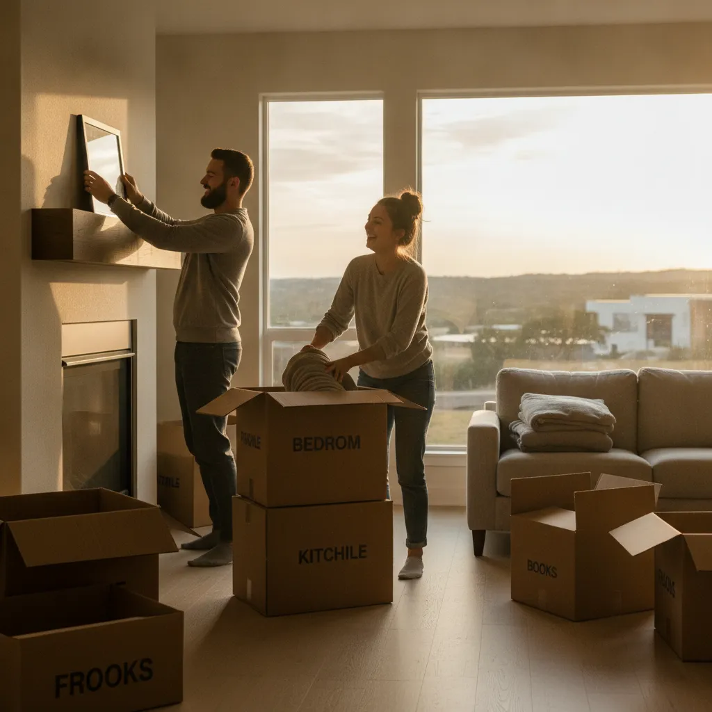 Happy couple unpacking boxes in their new, sunny North Austin home, saving money on their move.