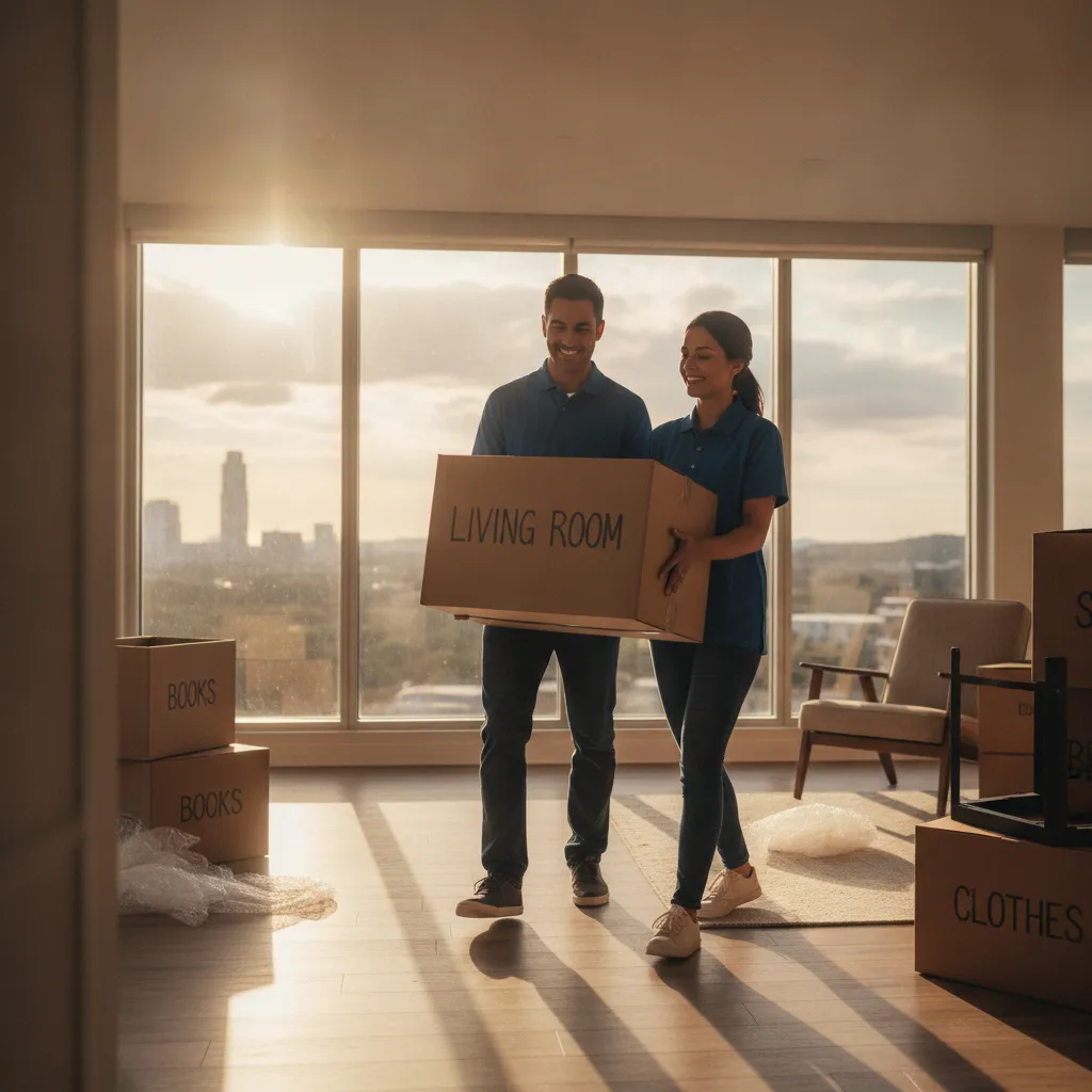 Two friendly movers carefully carrying a moving box through an Austin apartment, smiling and focused.