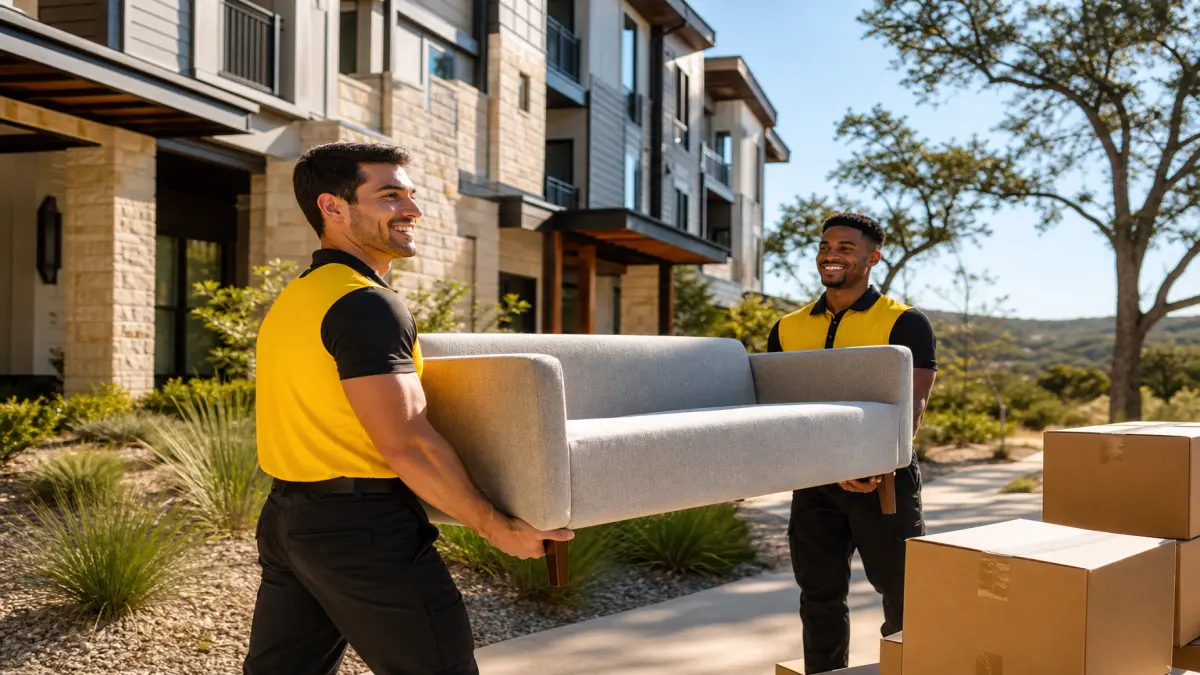 Leander movers carrying boxes near a bright Texas apartment community