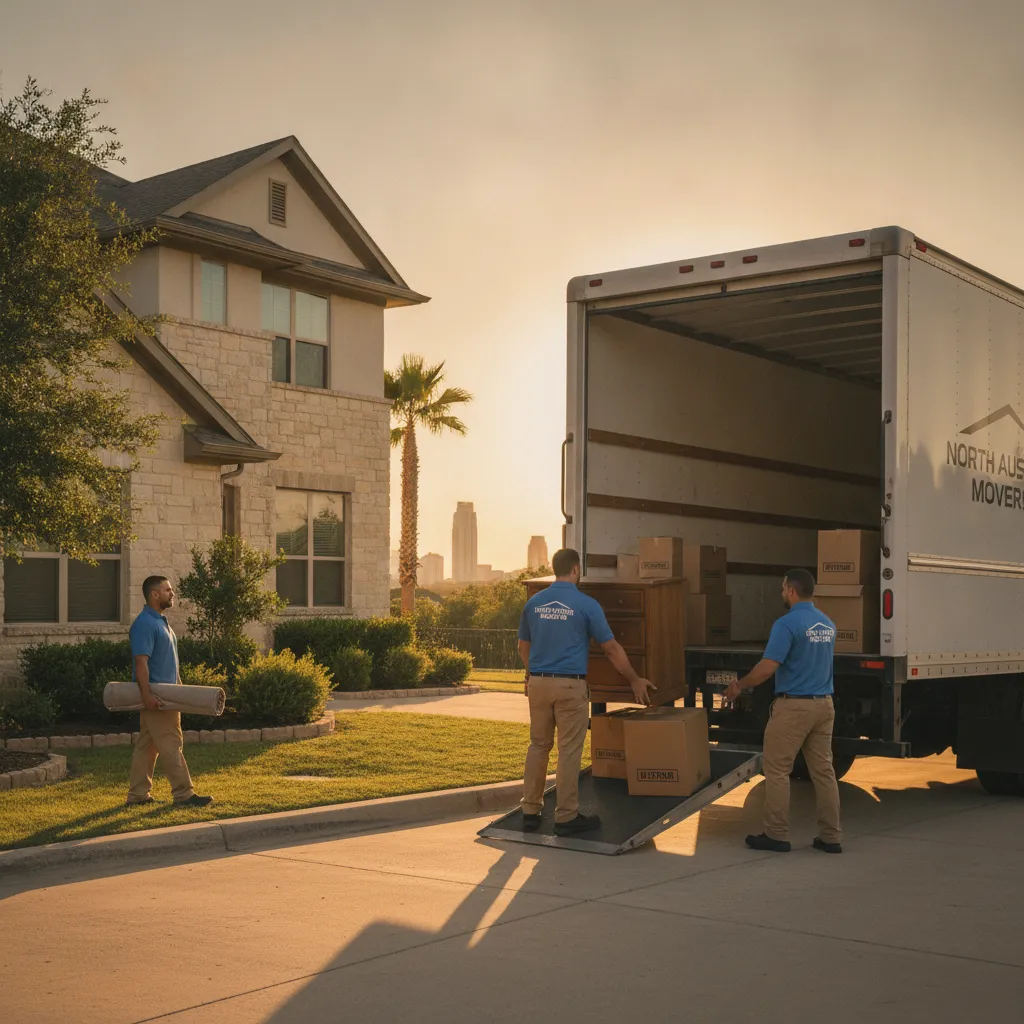 Professional movers loading moving boxes and furniture from a North Austin home into a large truck.