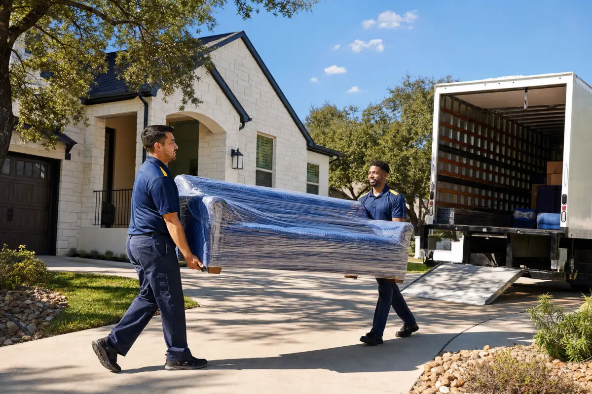 Affordable movers in Round Rock carrying a wrapped sofa to a moving truck outside a Texas home