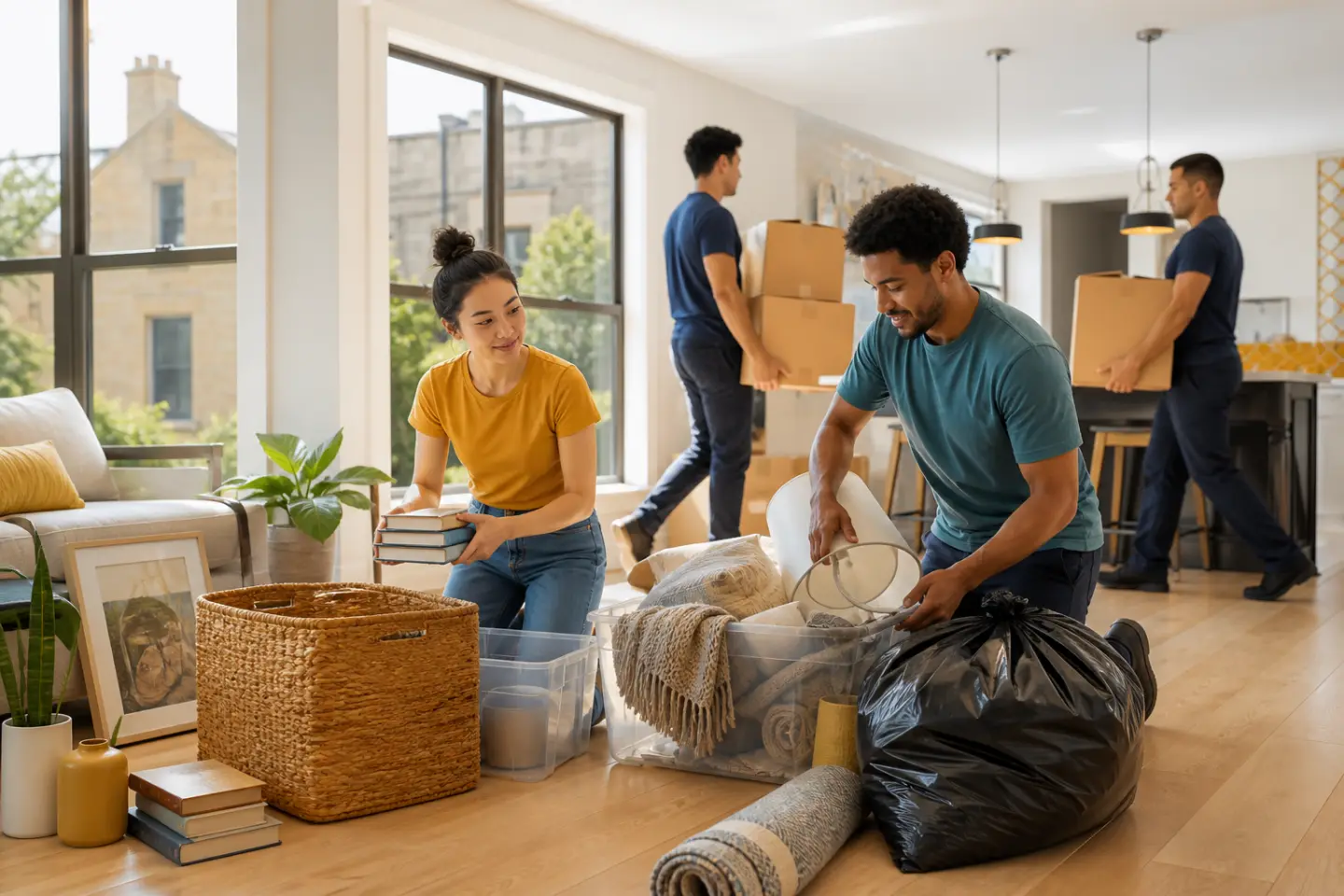 Austin apartment renters decluttering while professional movers carry packed boxes