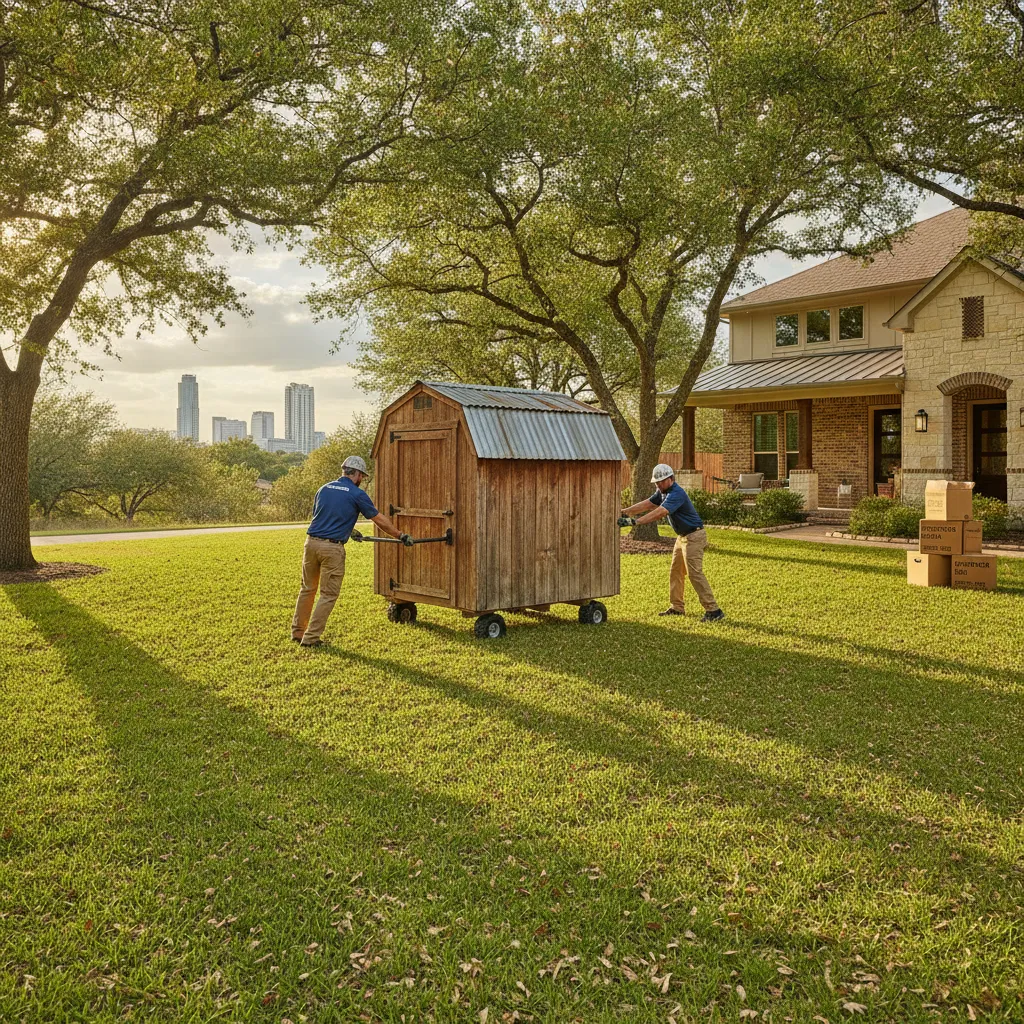 Two professional movers carefully guiding a small wooden shed across a residential Austin lawn using specialized equipment.