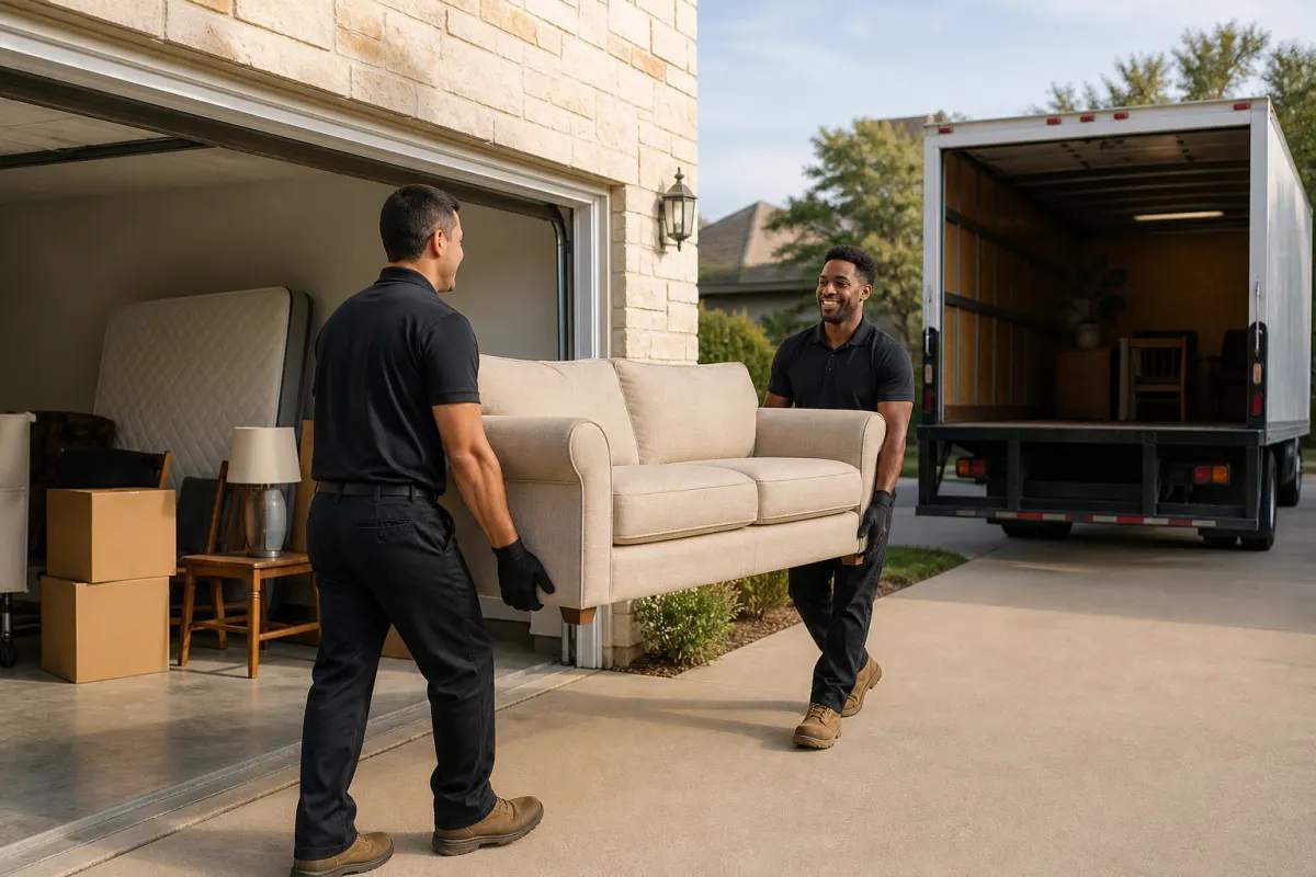 Austin junk removal crew carrying a sofa from a garage to a truck