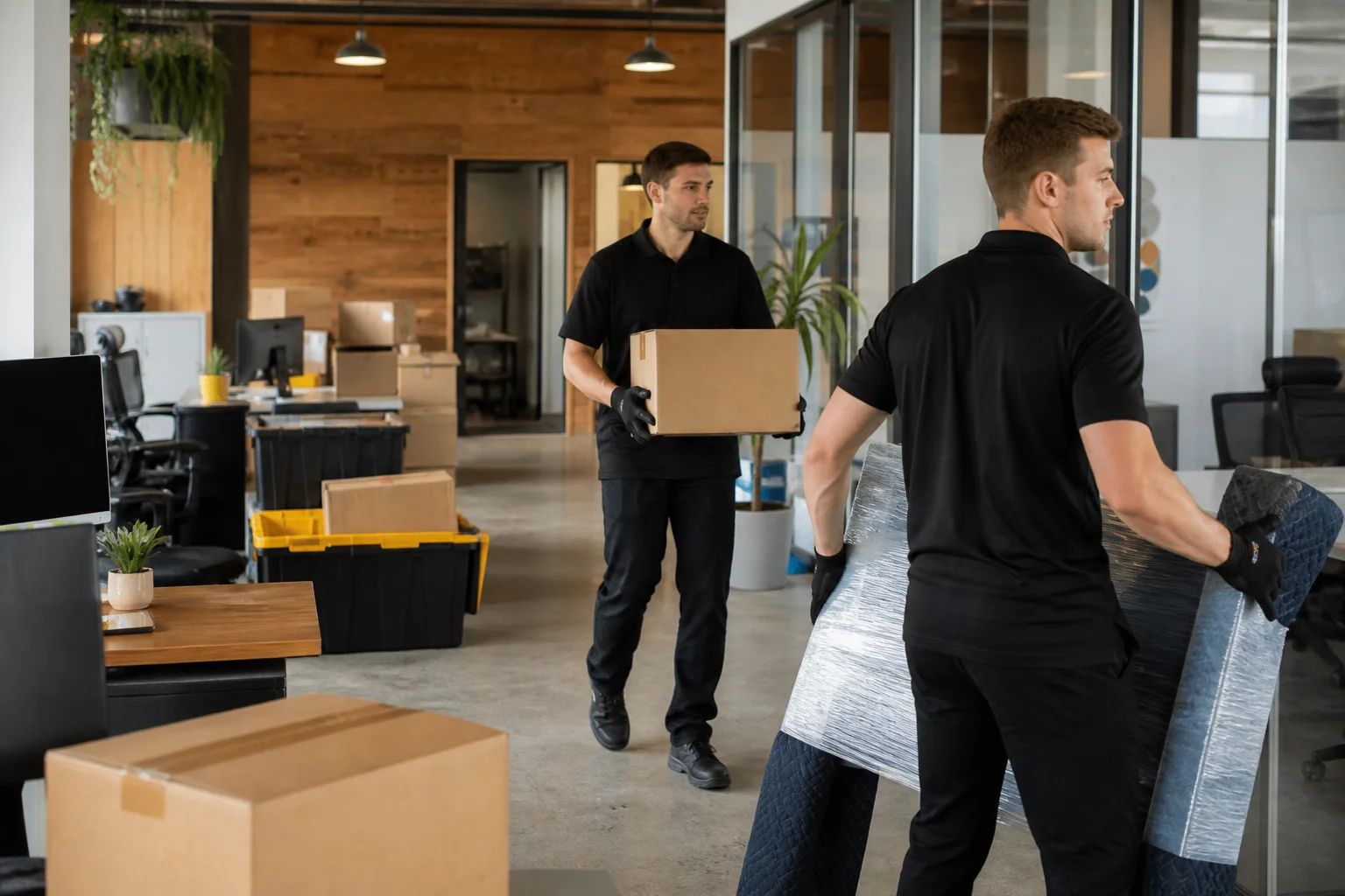 Young Buck Movers crew relocating desks and equipment in an Austin office