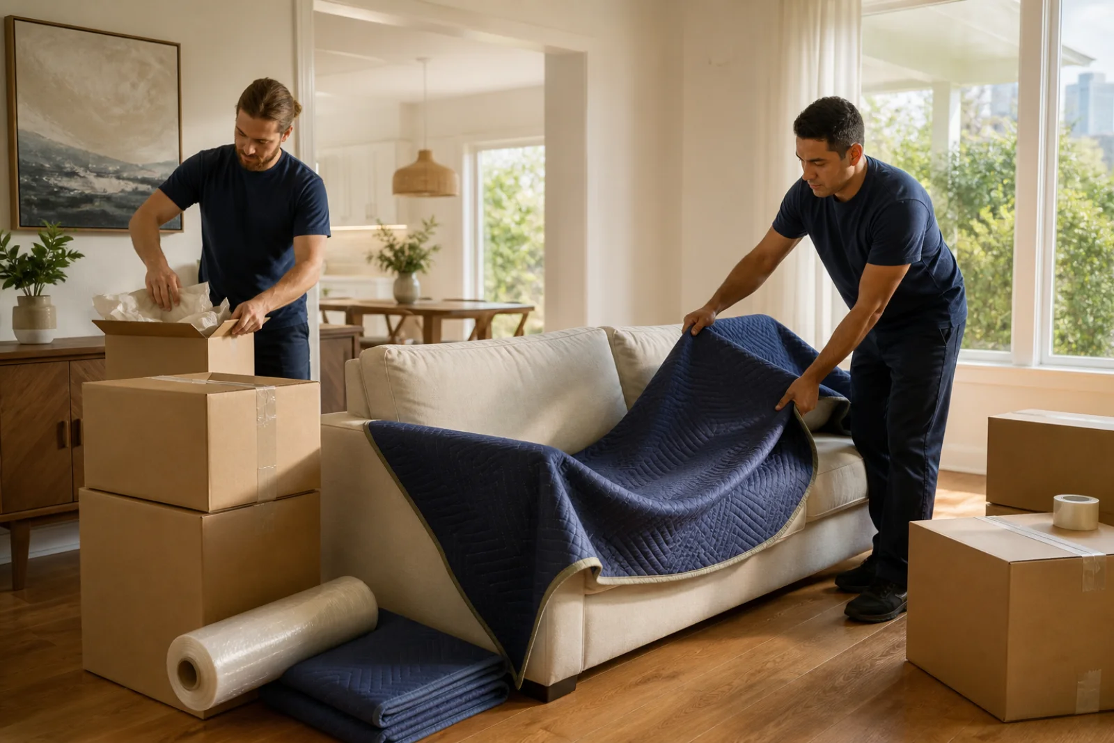 Austin movers packing boxes and wrapping furniture for a move
