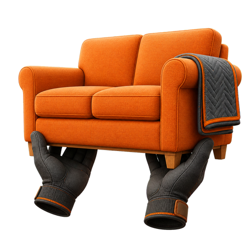 3D gloved hands lifting a loveseat icon