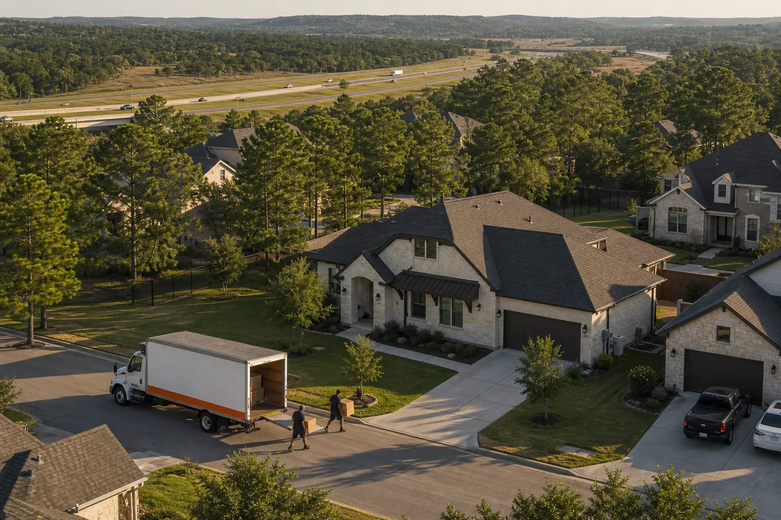 Bastrop movers loading a box truck in a pine-lined Central Texas neighborhood