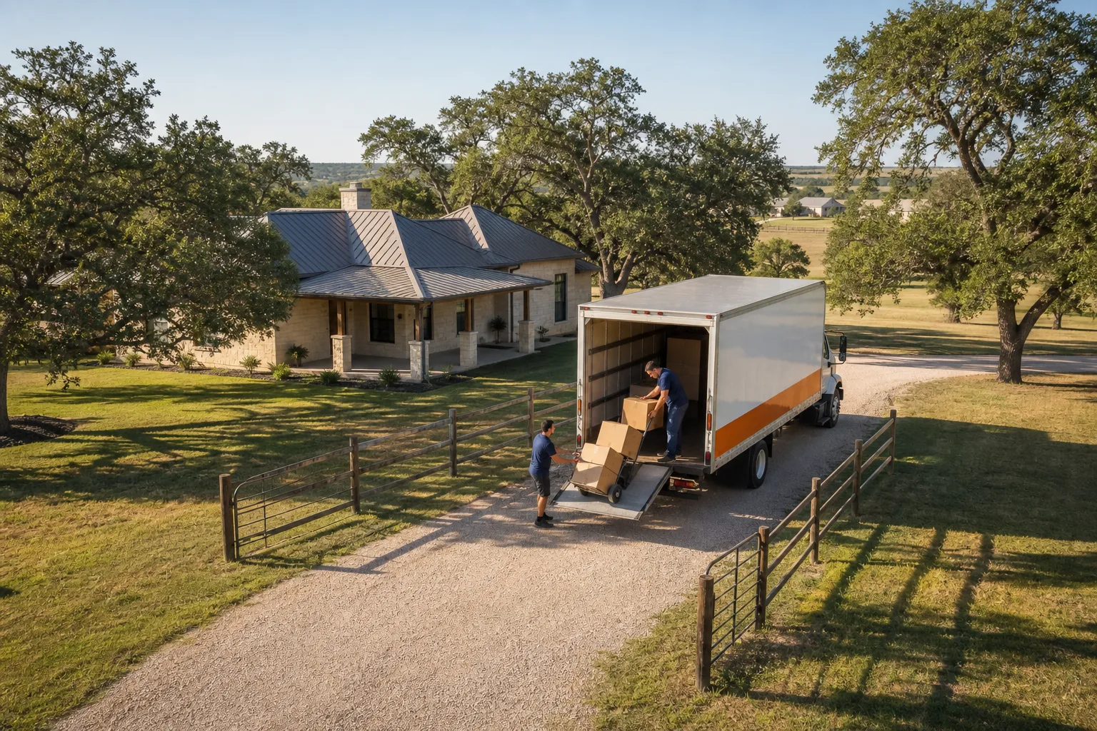 Cedar Creek movers loading boxes at a rural Central Texas home with a gravel driveway
