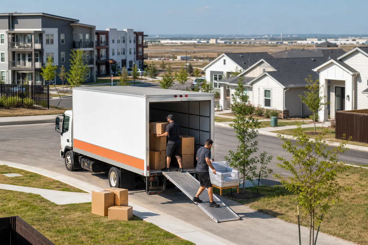 Del Valle movers loading a truck in a newer southeast Austin residential community