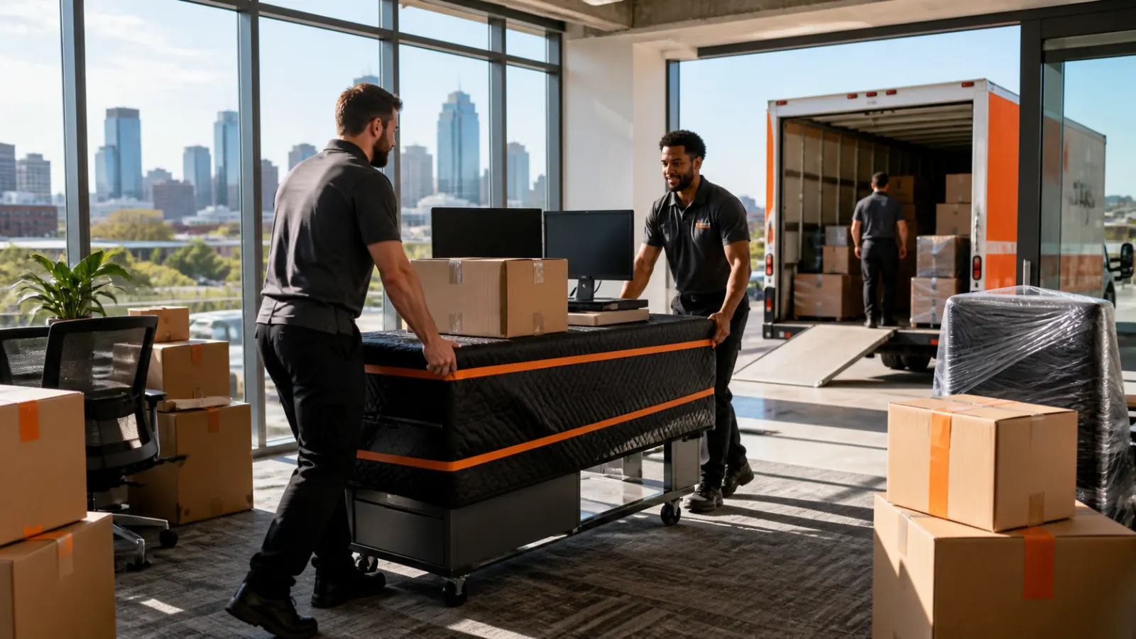 Austin office movers transporting wrapped desks, monitors, boxes, and chairs