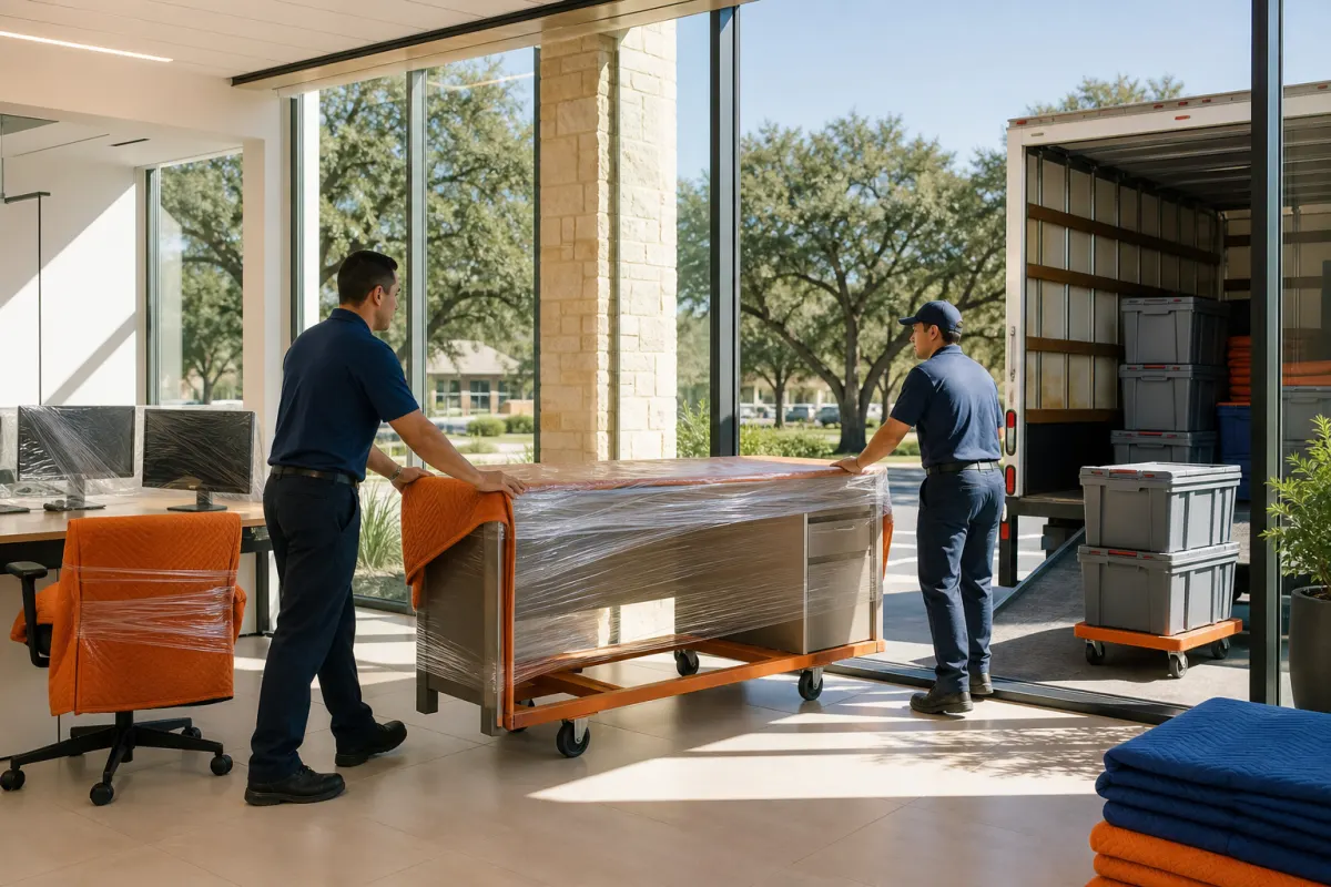 Professional office movers loading a wrapped desk and equipment at a Cedar Park office