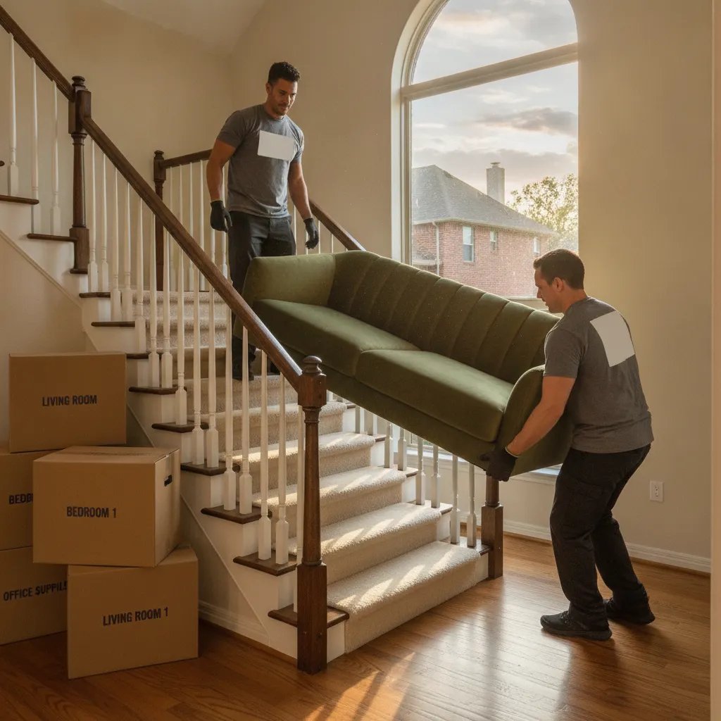 Professional movers carefully carrying a large sofa down stairs in a North Austin home.