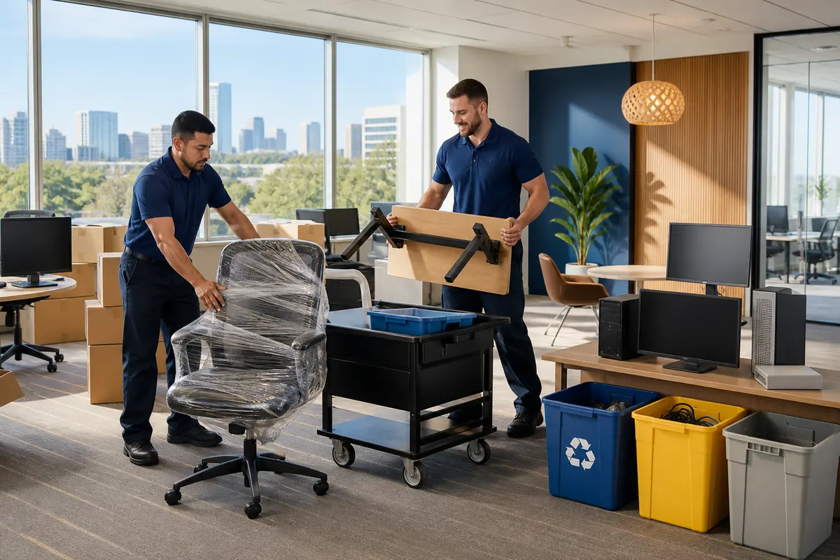 Professional crew organizing furniture and electronics during a North Austin office cleanout