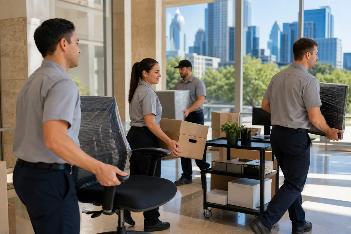 Professional crew moving office furniture and equipment in a bright Austin workspace