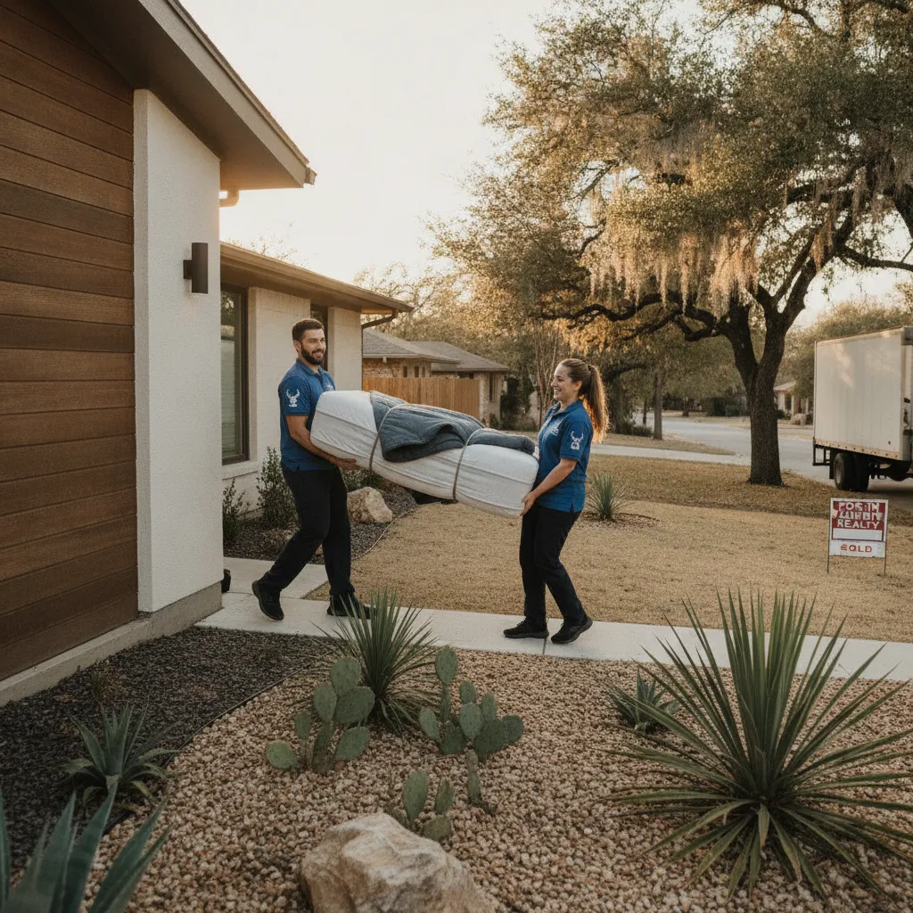 Two friendly movers from Young Buck Movers carefully carrying a large, rolled-up mattress out of an Austin home.