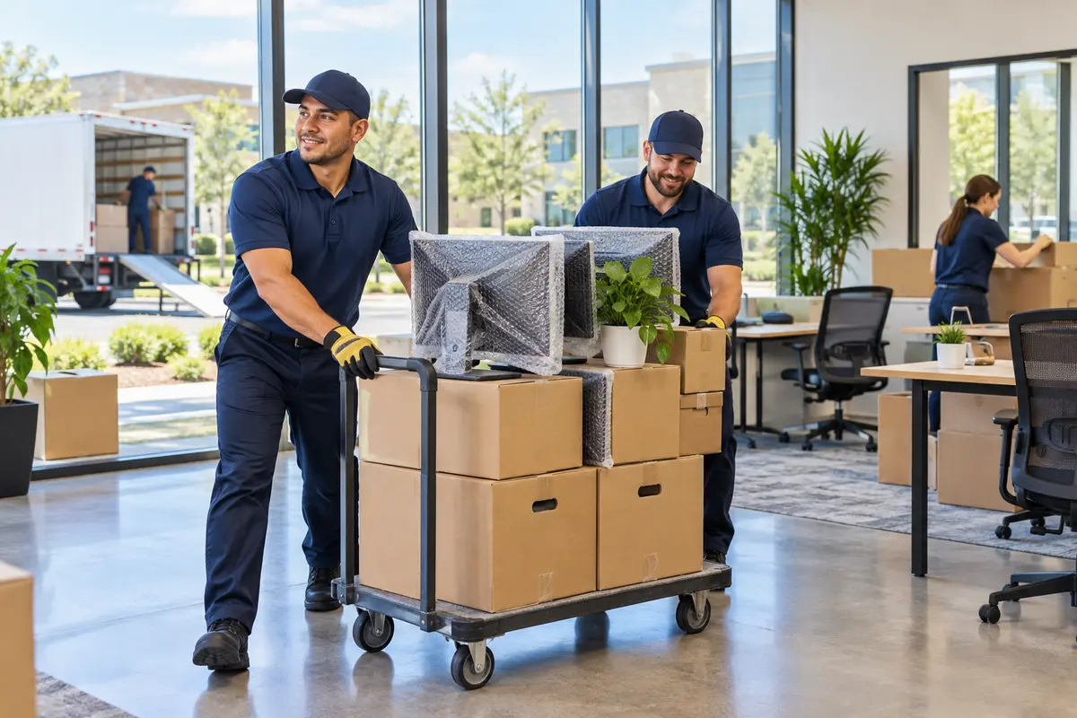 Professional commercial movers relocating office equipment in a bright Leander workspace