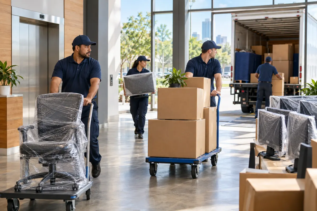 Professional Austin office movers transporting wrapped furniture and equipment through a bright lobby
