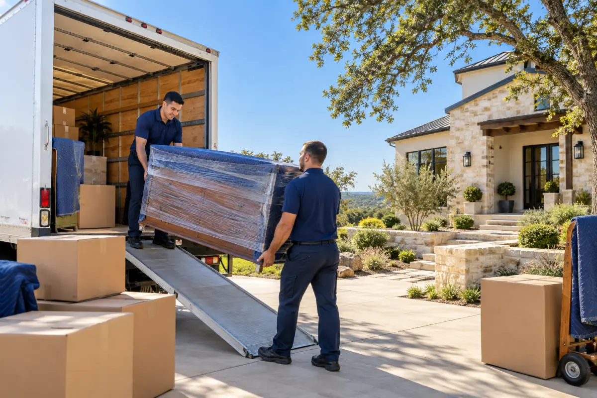 Local movers unloading protected furniture at a bright Liberty Hill Texas home