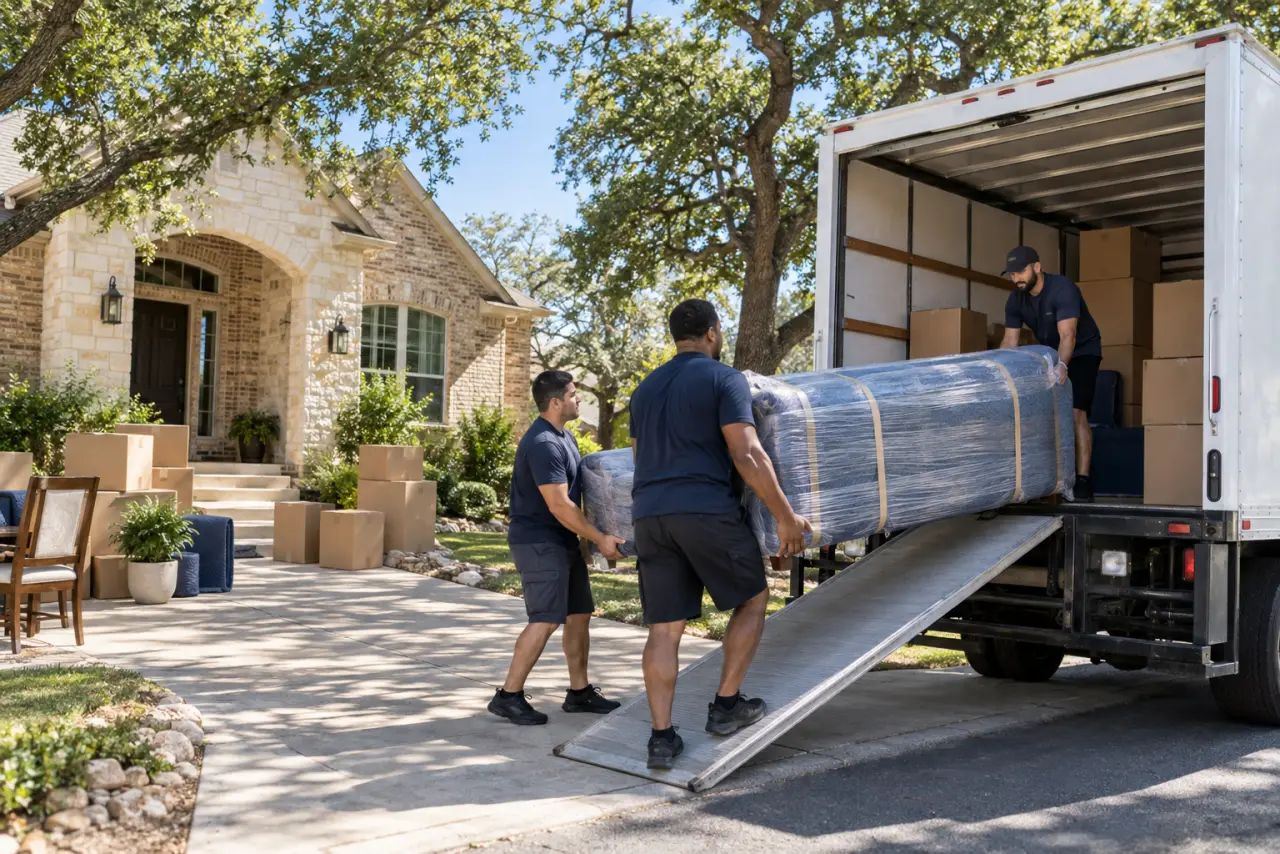 Three movers load a wrapped sofa from a Georgetown home into a truck.