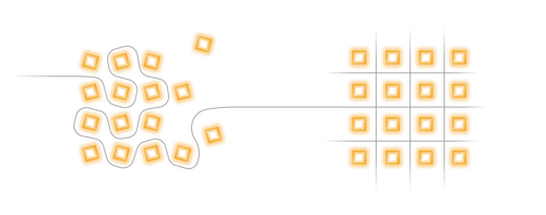 Conceptual illustration of tangled blocks transforming to organized grid.