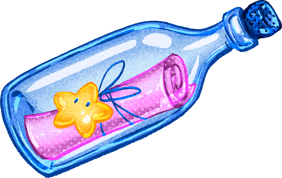 Glass bottle containing a rolled pink scroll tied with a blue ribbon and decorated with a smiling yellow star.