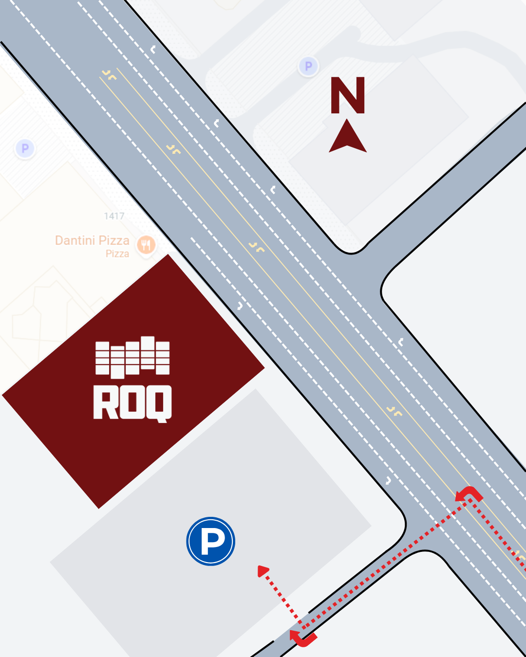 Simple map with directions for turning left into the ROQ parking lot