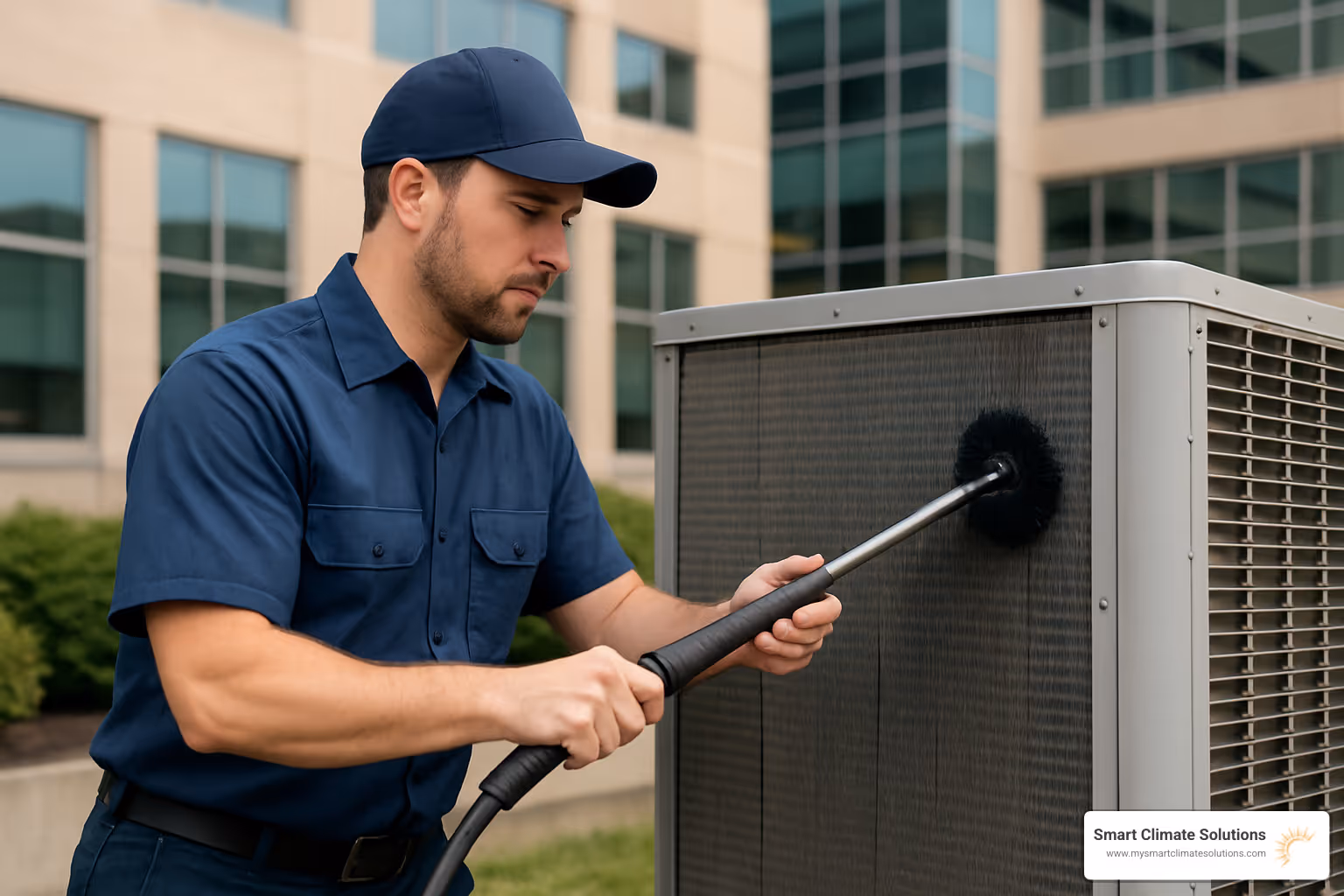 technician cleaning commercial AC condenser coils - ac maintenance