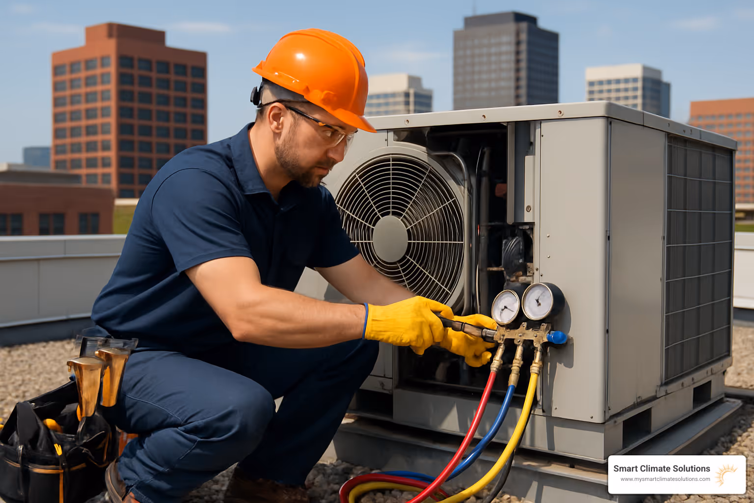 commercial HVAC technician performing maintenance - ac maintenance
