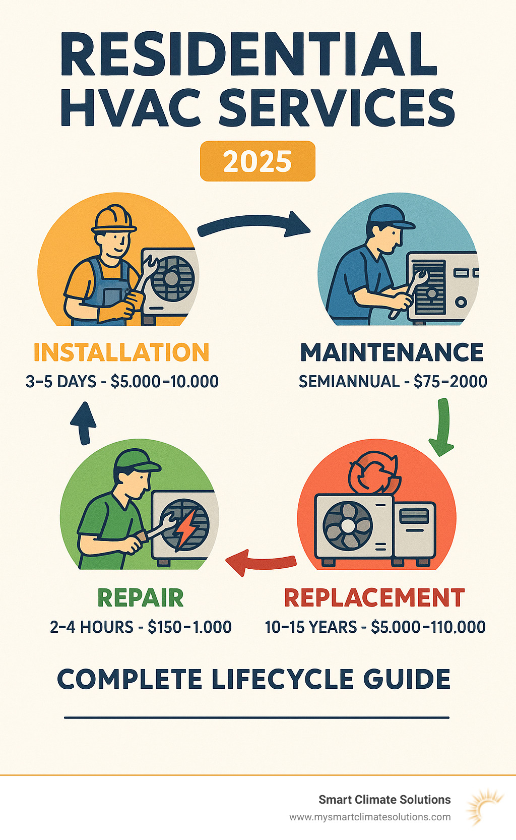 Comprehensive guide showing the complete lifecycle of residential HVAC services including installation, maintenance, repair, and replacement phases with associated costs and timeframes - residential hvac service company infographic 