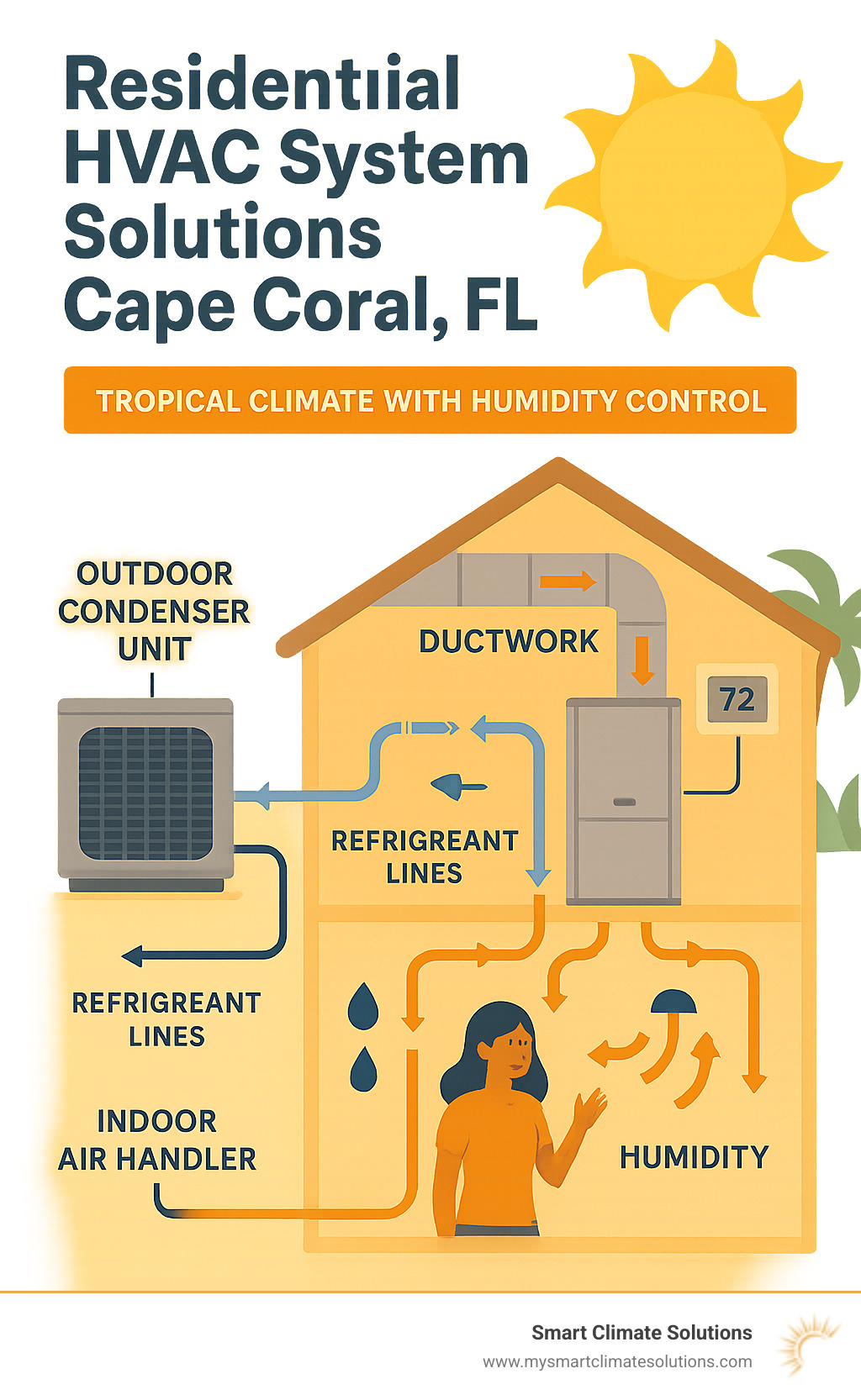 Infographic showing HVAC system components including outdoor condenser unit, indoor air handler, ductwork, and thermostat with arrows indicating airflow and refrigerant lines, specifically designed for tropical climate applications with humidity control features - residential hvac system solutions cape coral fl infographic 