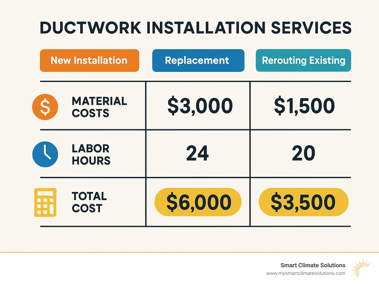 Infographic comparing costs and timelines for new installation versus replacement versus rerouting existing ductwork, showing material costs, labor hours, and total project expenses for each scenario - hvac ductwork installation services infographic 