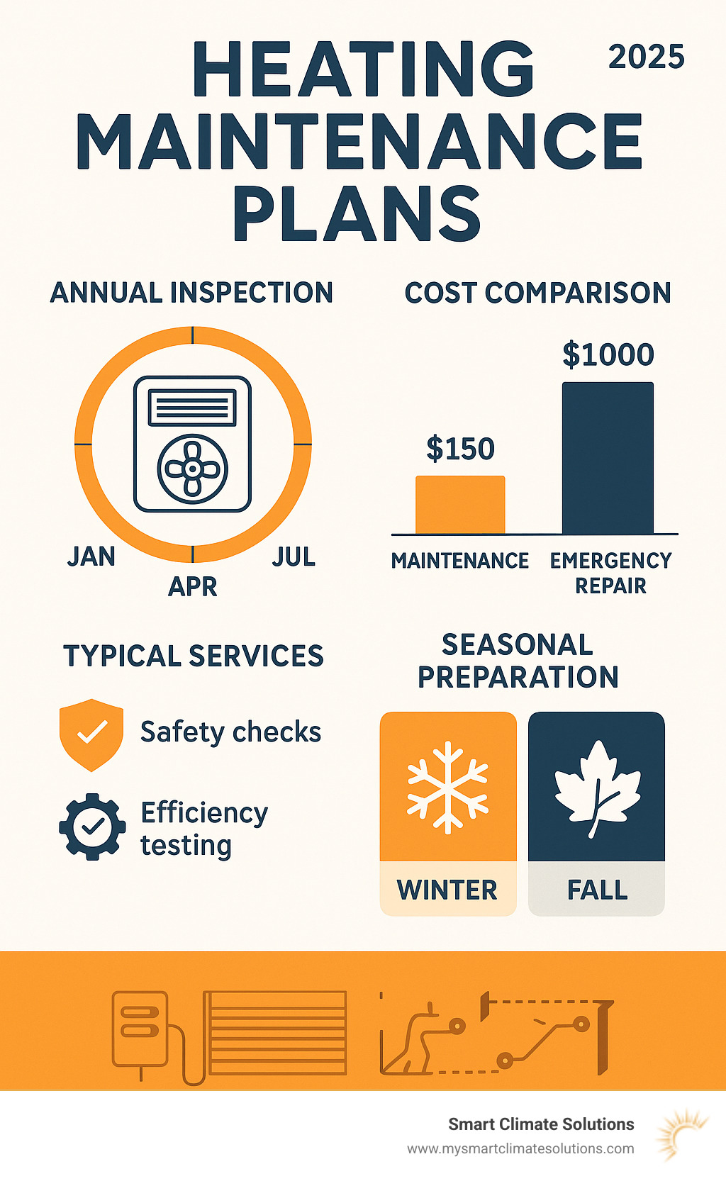 Comprehensive breakdown of heating maintenance plans showing annual inspection timeline, cost comparison between maintenance vs emergency repairs, typical service inclusions like safety checks and efficiency testing, and seasonal preparation schedules - heating maintenance plans infographic 