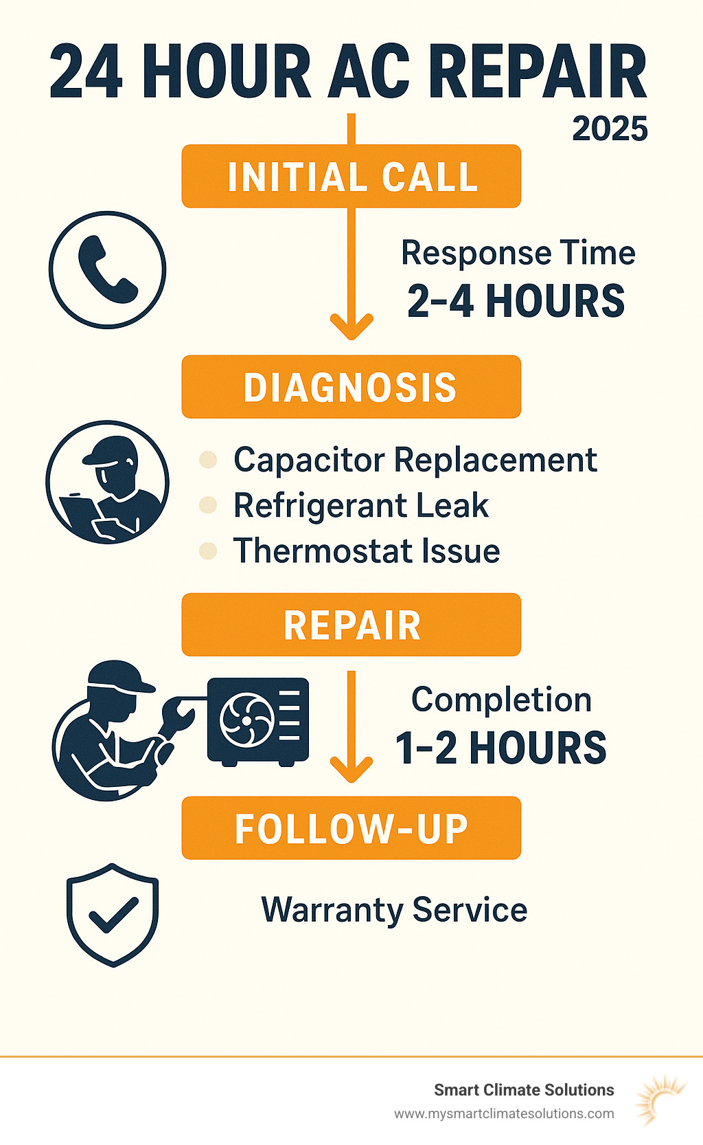 Comprehensive flowchart showing the 24-hour AC repair process from initial call through diagnosis, repair completion, and follow-up warranty service, including average response times and common repair scenarios - 24 hour ac repair infographic 
